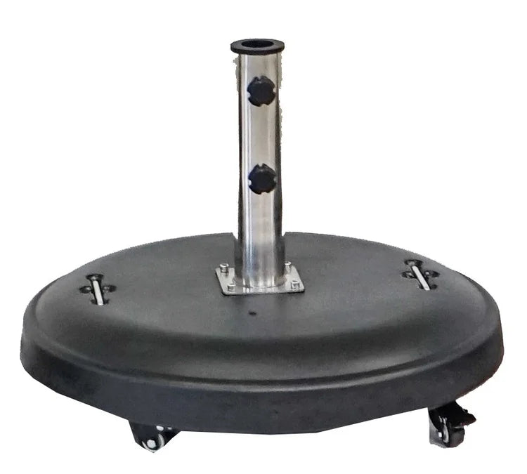 Black round base with wheels on a white background. The shaft of this umbrella stand is aluminum color while the base itself is black. There are two adjustment knobs on the base. 