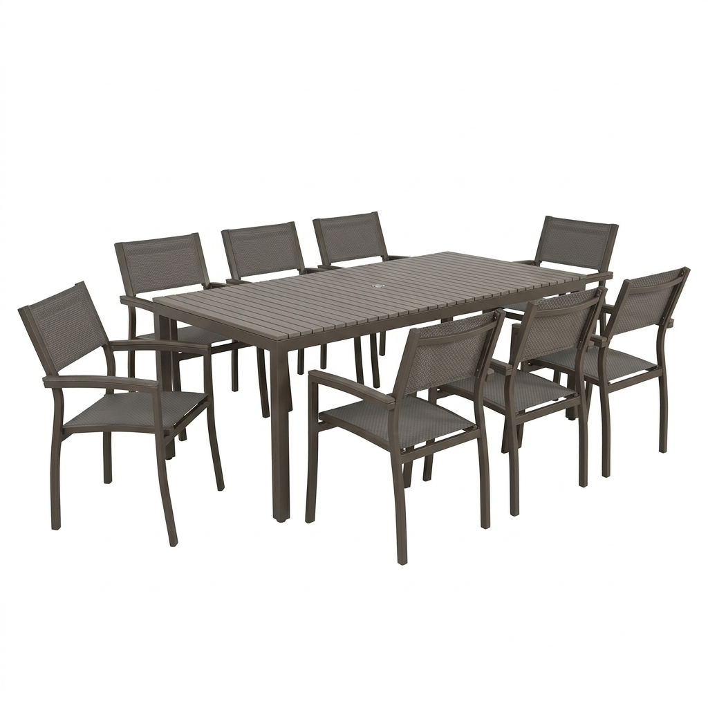 Outdoor furniture set with a rectangular table and eight chairs on a white background. The table is grey and chairs match the same color grey. The top of the table is made of faux wood slats that are in a grey finish.