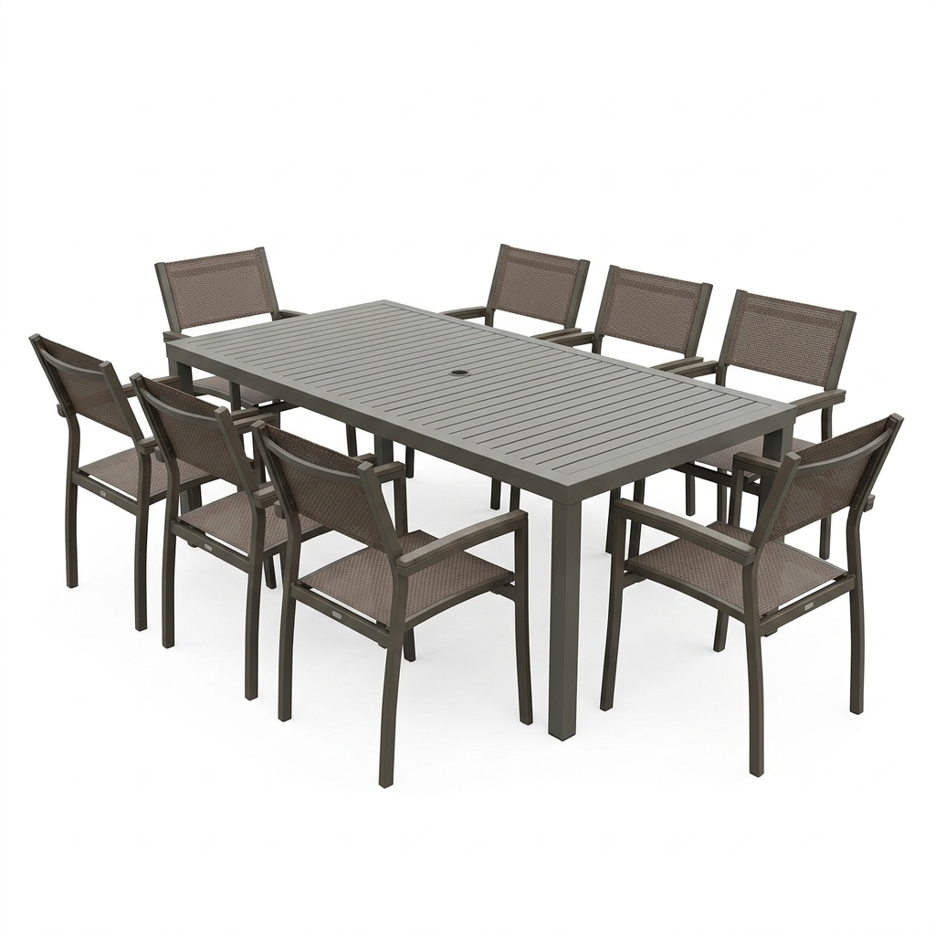 Outdoor furniture set with a rectangular table and eight chairs on a white background. Table is grey and arm chairs match the same color grey. The top is faux wood slats that are inlayed within a grey frame. There is an umbrella hole in the center of the table. 