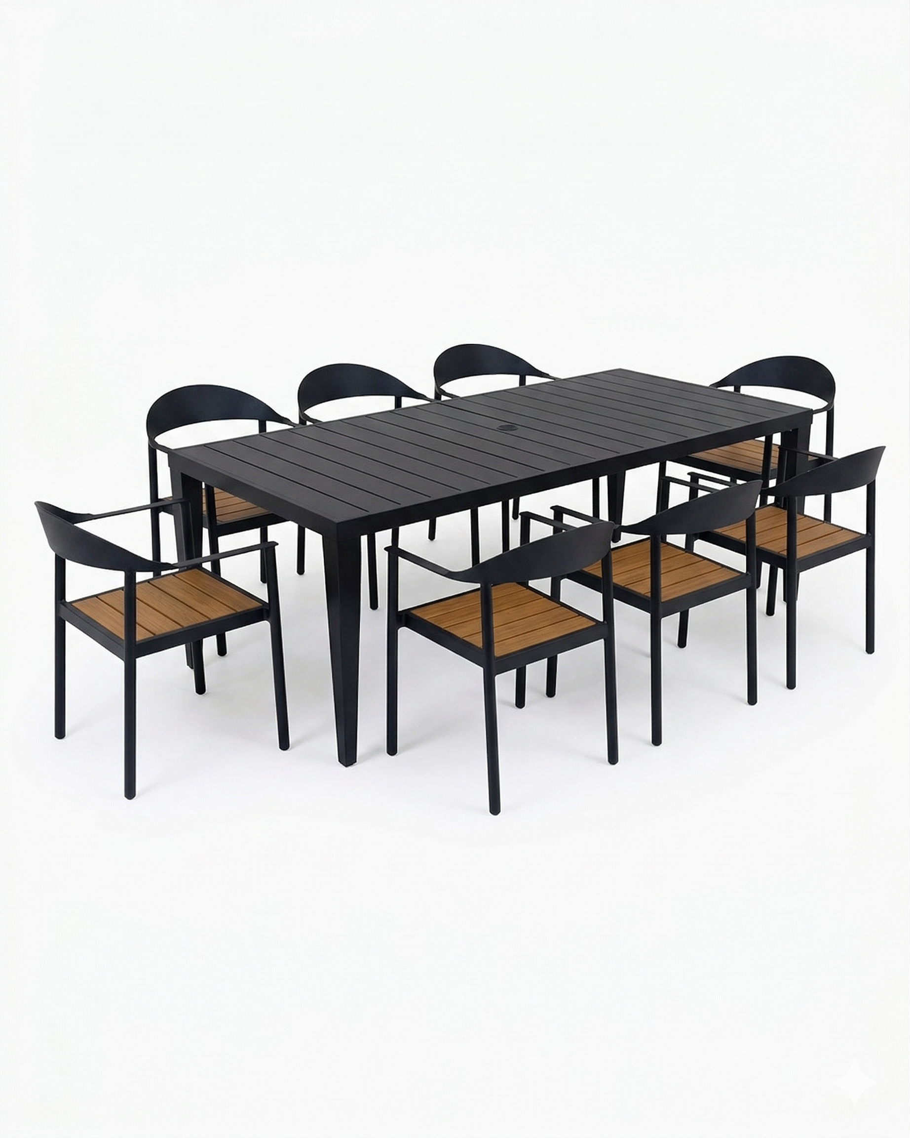 Outdoor dining set with a large grey table and eight matching chairs on a white background