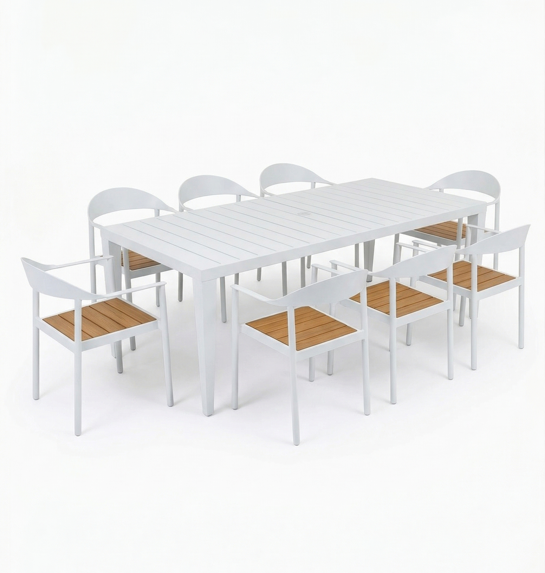 White outdoor table with eight matching chairs on a white background