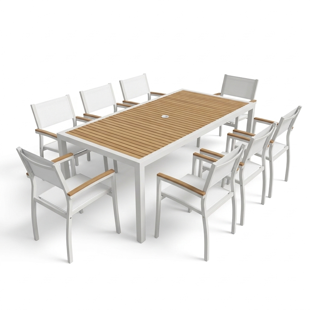 Outdoor furniture set with a rectangular table and eight chairs on a white background. The table frame is white and the arm chairs match the same color white. The top is faux teak wood slats that are inlayed within a white frame. 
