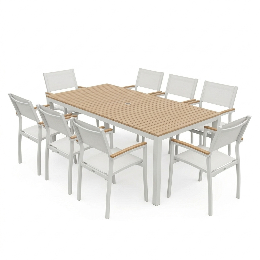 Outdoor furniture set with a rectangular table and eight chairs on a white background. Table is white and chairs match the same color white. The top of the table is made of faux wood slats that are in a a faux teak wood finish. The top of the chair arms also have a faux teak wood accent.  