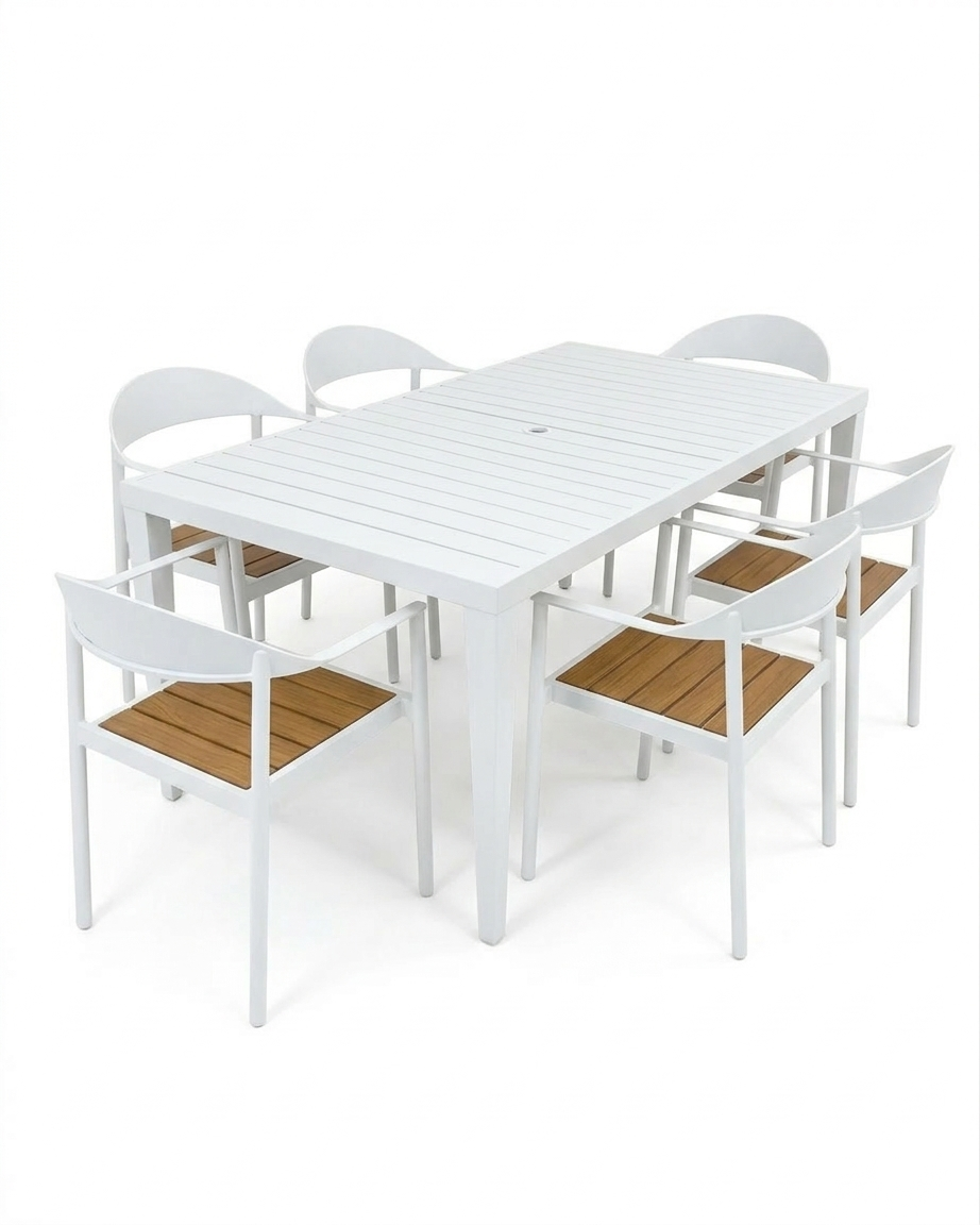 White outdoor table with six matching chairs on a white background