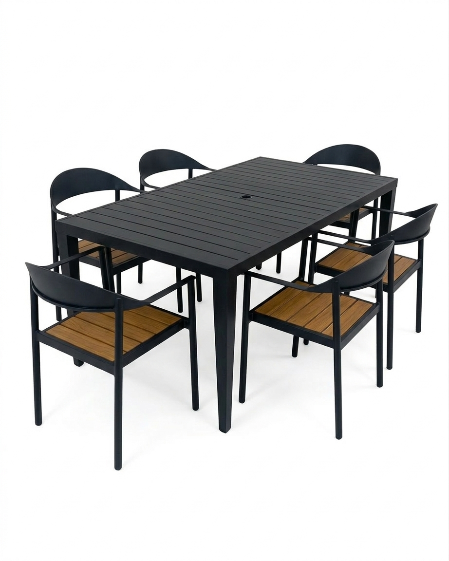 Grey outdoor table with six matching chairs on a white background