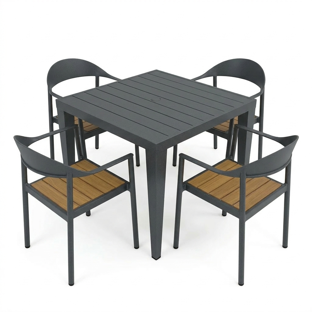 Outdoor furniture set with a square table and four chairs on a white background