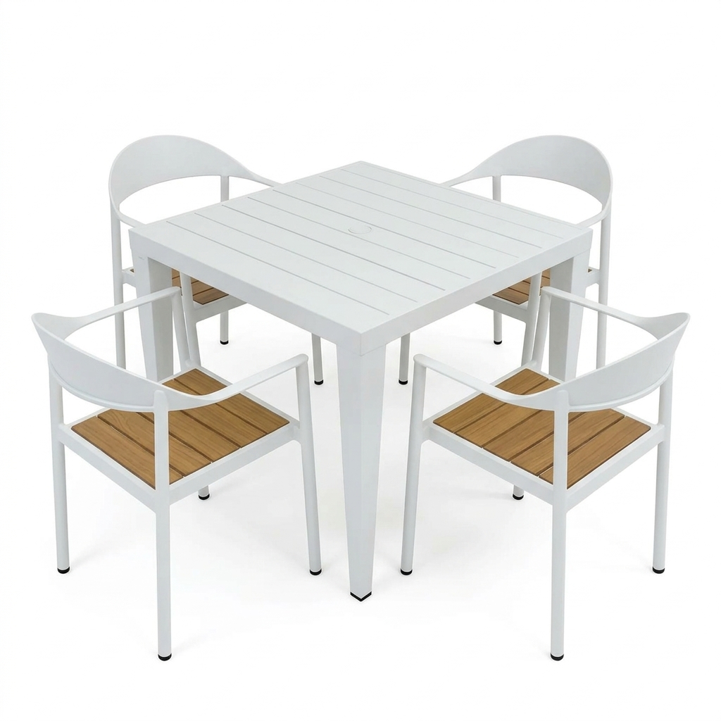 White outdoor table with four matching chairs on a white background