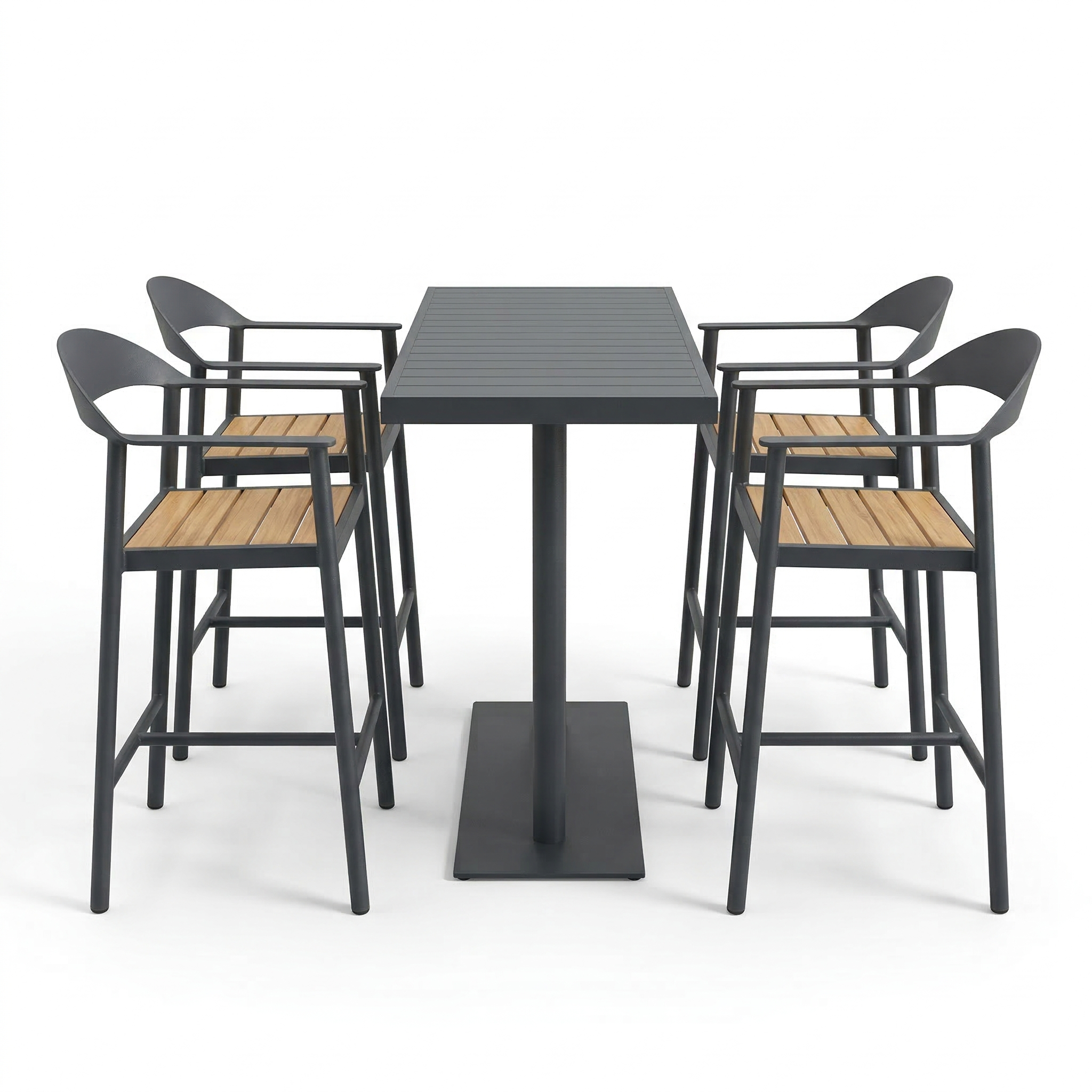 Outdoor dining set with a high table and four matching chairs on a white background