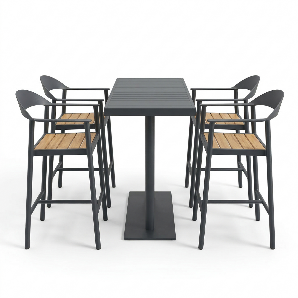 Outdoor dining set with a high table and four matching chairs on a white background