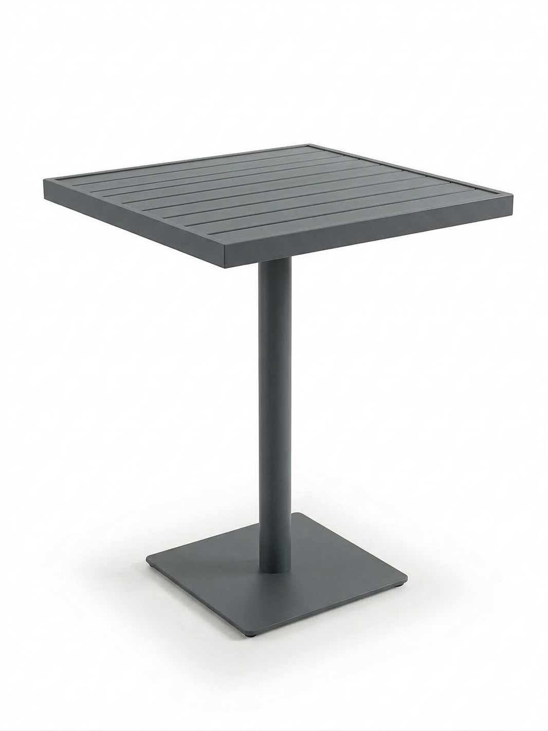 Dark gray outdoor table with a square top and base on a white background