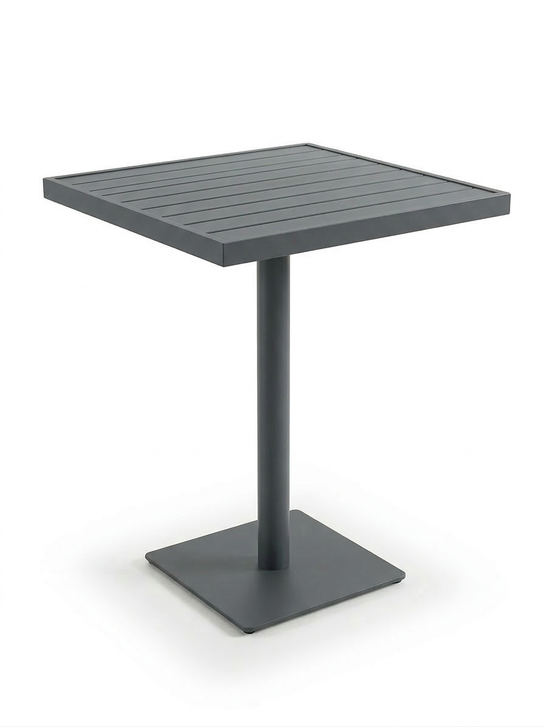 Dark gray outdoor table with a square top and base on a white background