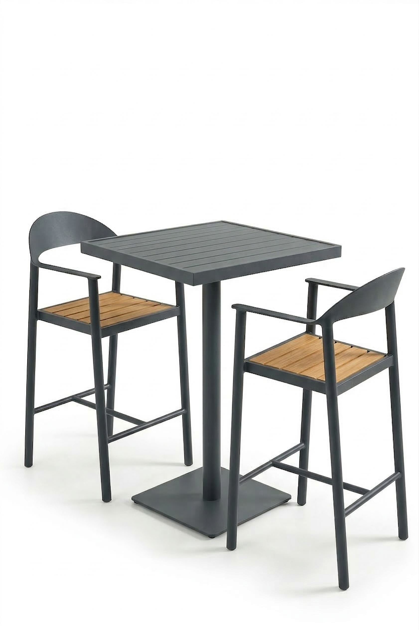 Two bar chairs with grey frames and wooden seats next to a matching high table on a white background