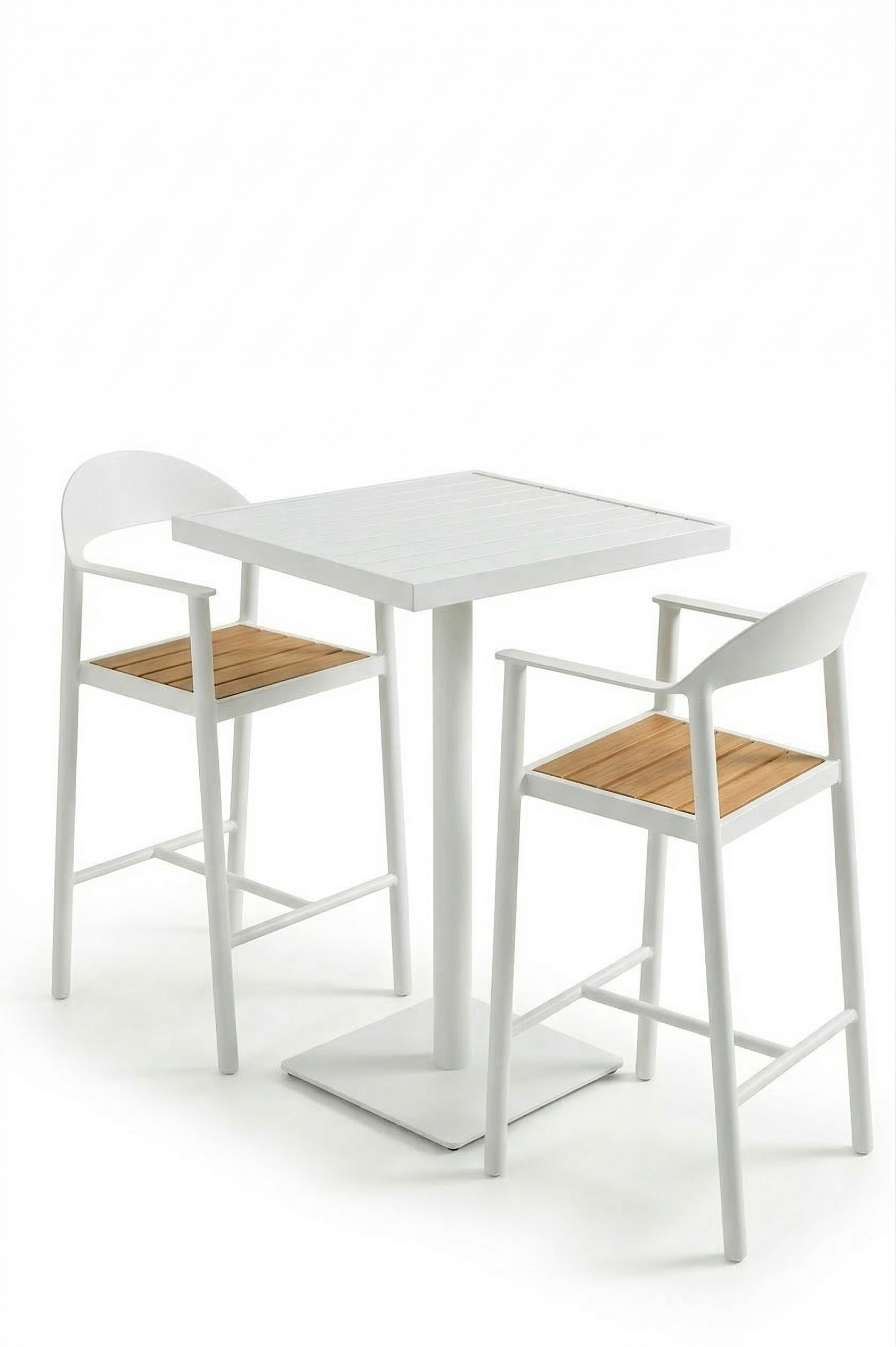 White bar table with two high chairs on a white background