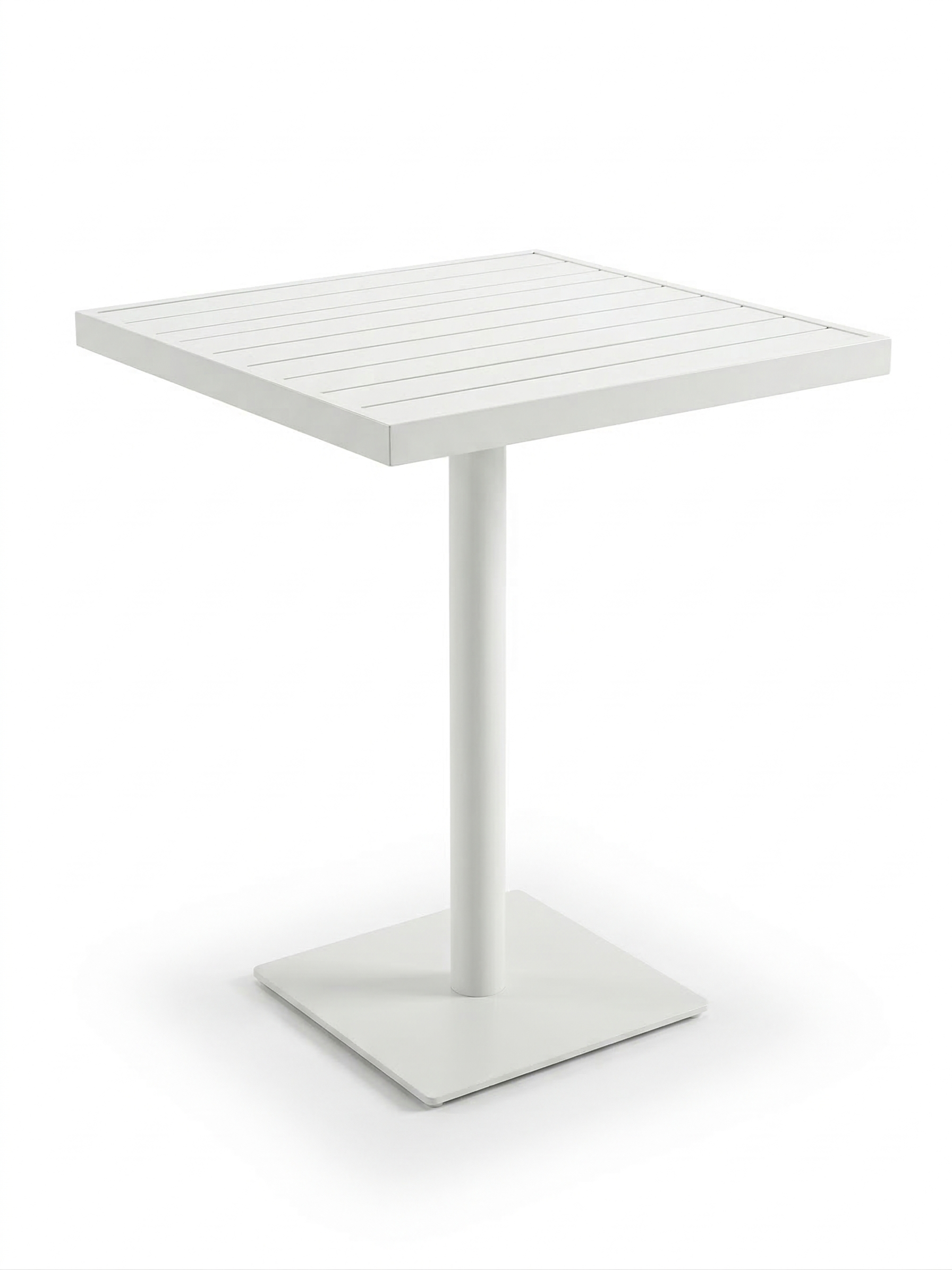 White square bar table with a slatted top on a white background