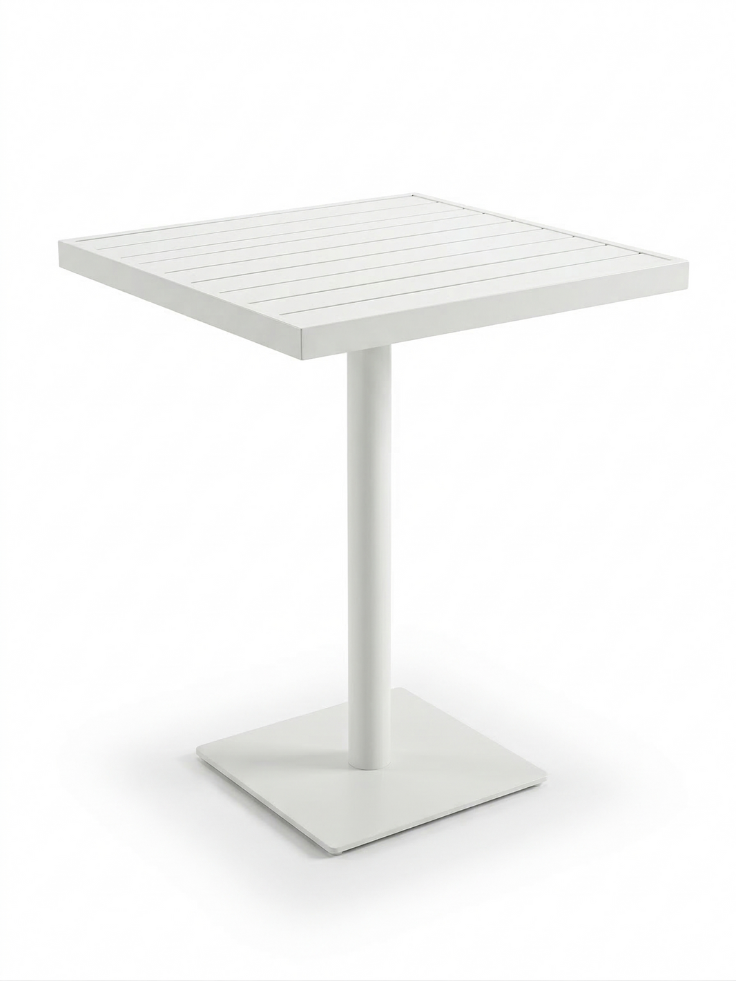 White square bar table with a slatted top on a white background