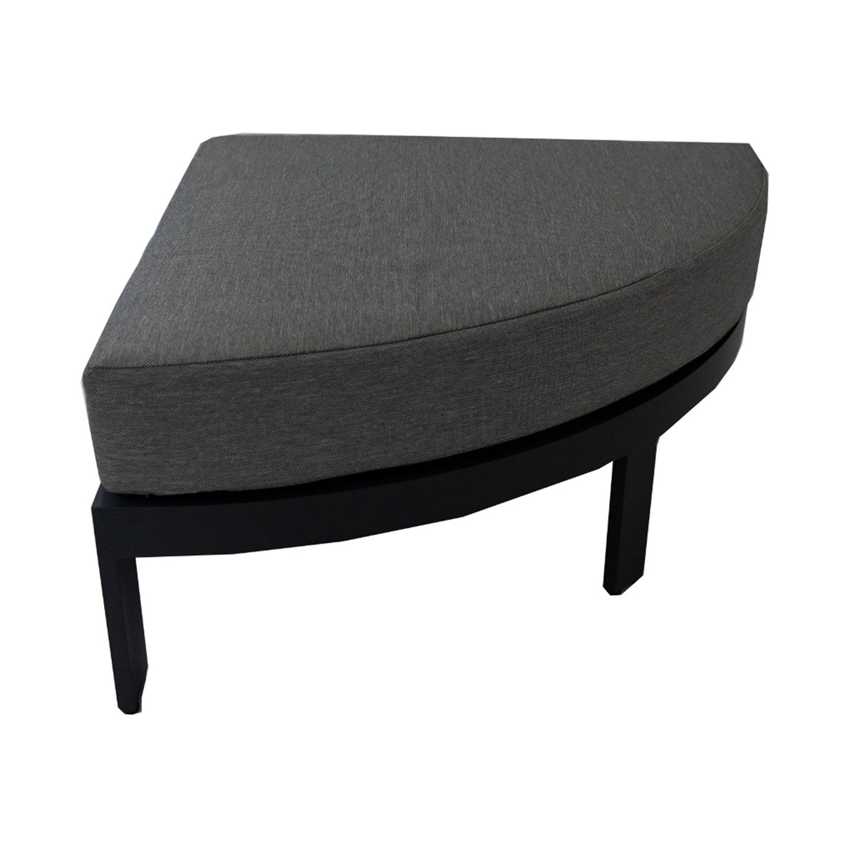 Gray cushioned ottoman with dark gray legs on a white background