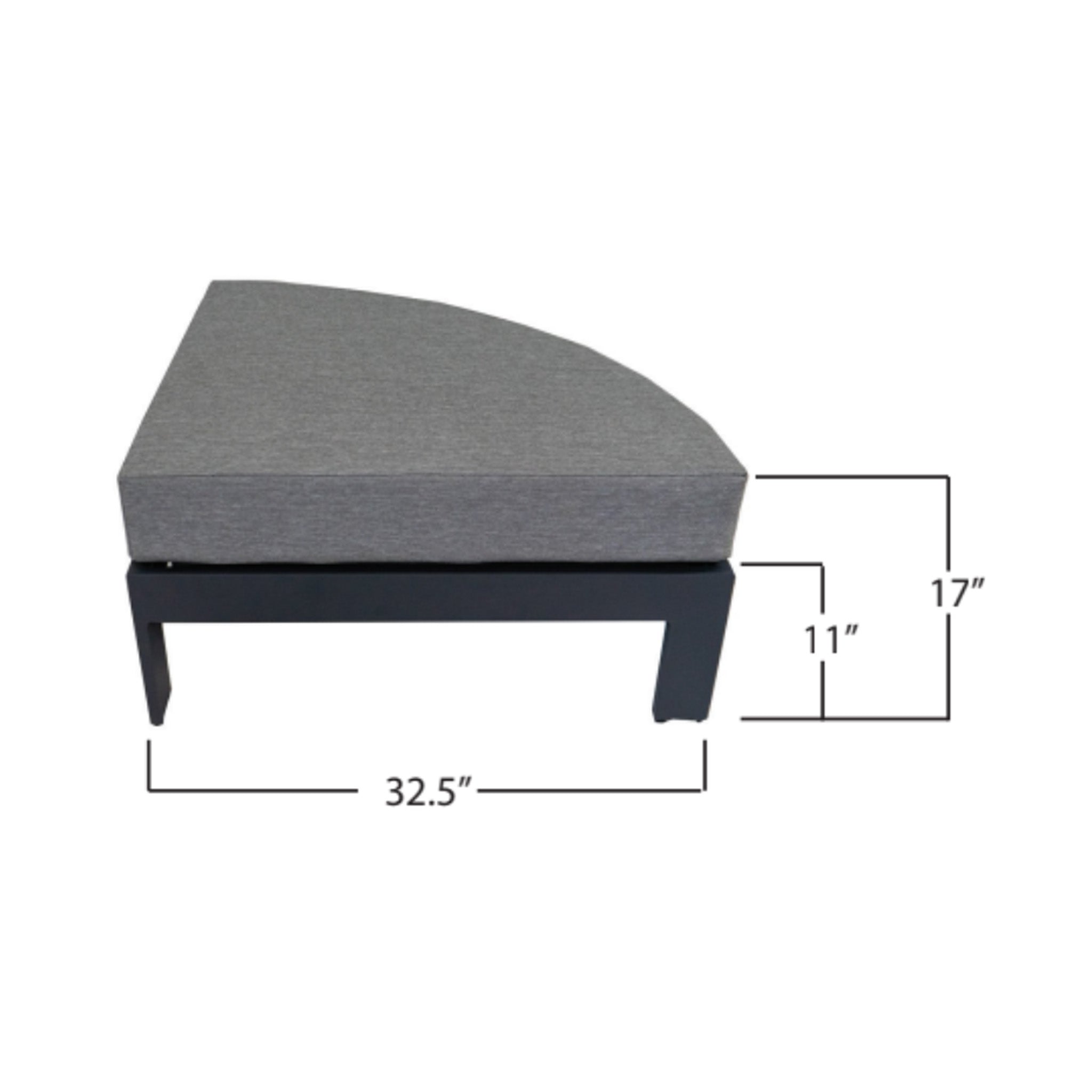 Gray cushioned ottoman with dimensions on a white background