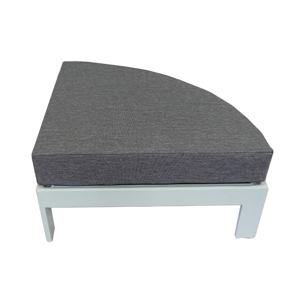 Gray cushioned ottoman with white frame on a white background