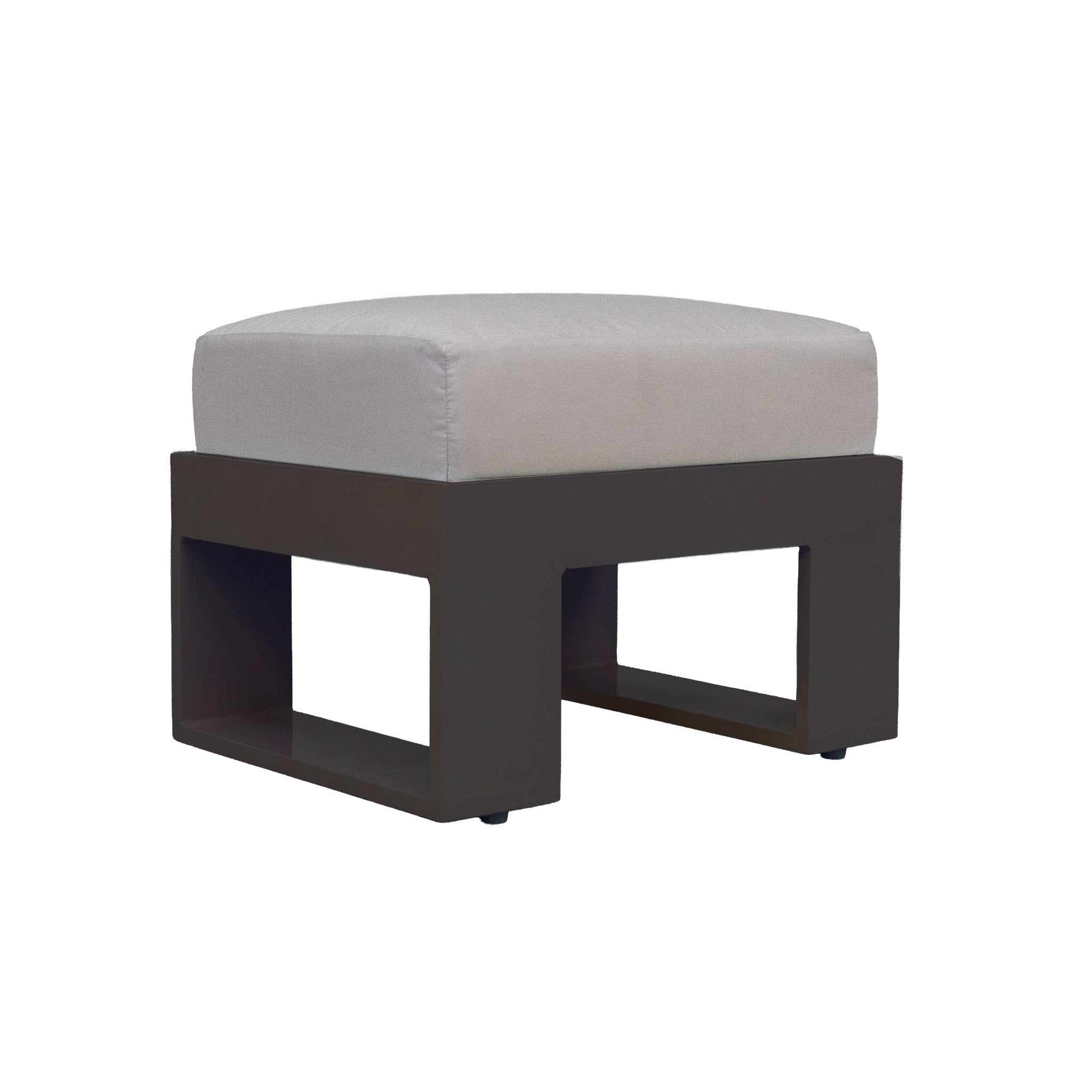 Ottoman with a dark grey base and off white thick cushion. Studio image with white background. 