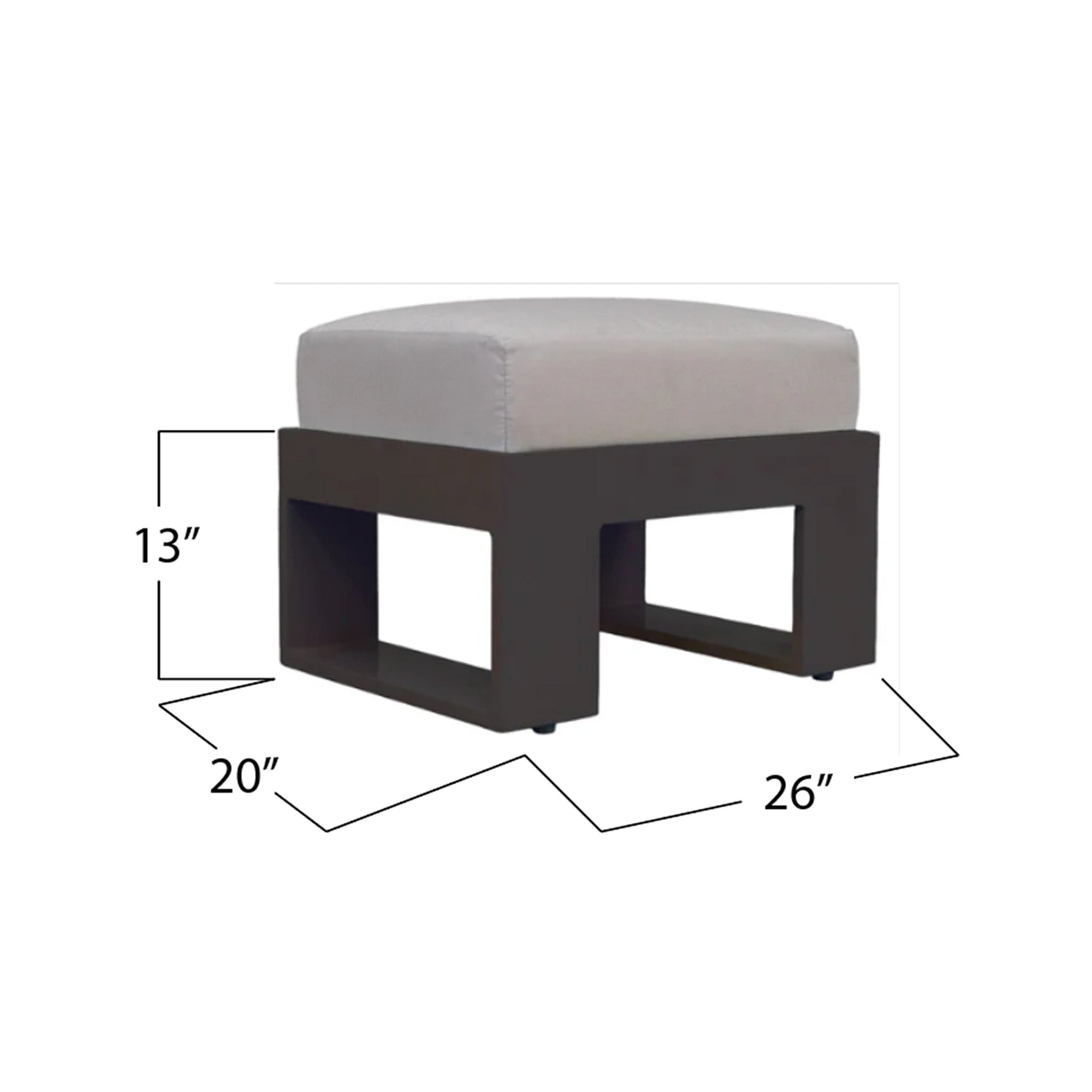 Angle view of a dark grey ottoman with an off white cushion. There are measurements on the image saying the ottoman is 26" wide by 20" deep  by 13" tall. Studio image with a white background. 