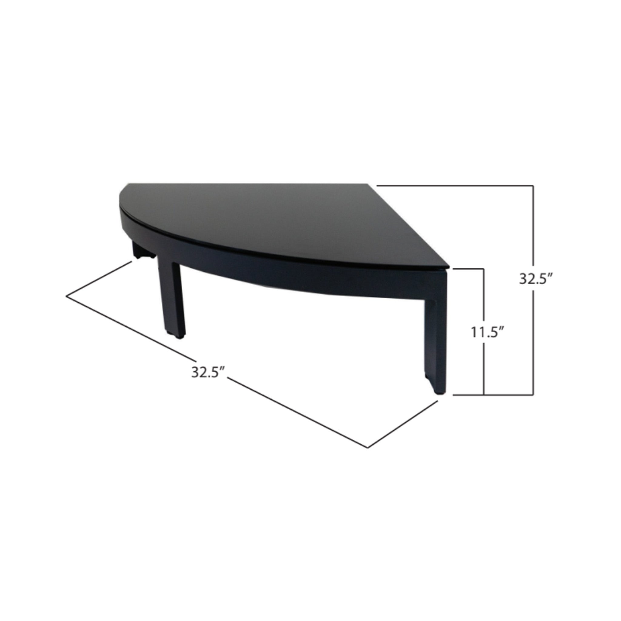 Dark grey quarter-moon table with dimensions on a white background
