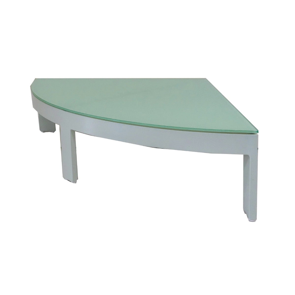 Quarter moon glass top table with white base on a white background