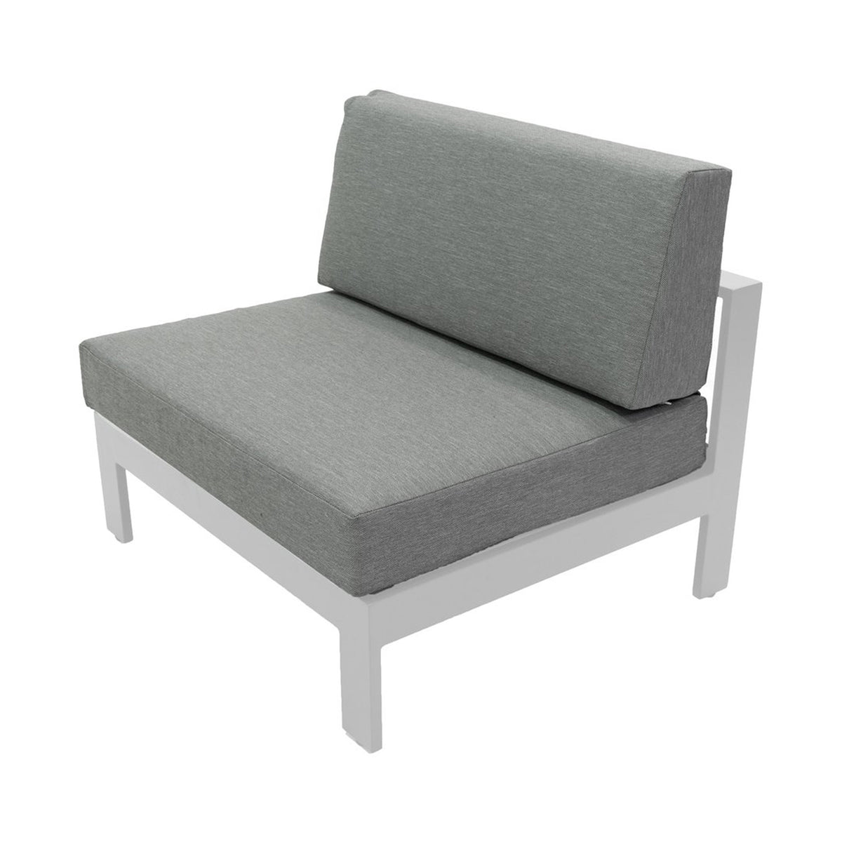 Gray cushioned outdoor chair with white frame on a white background