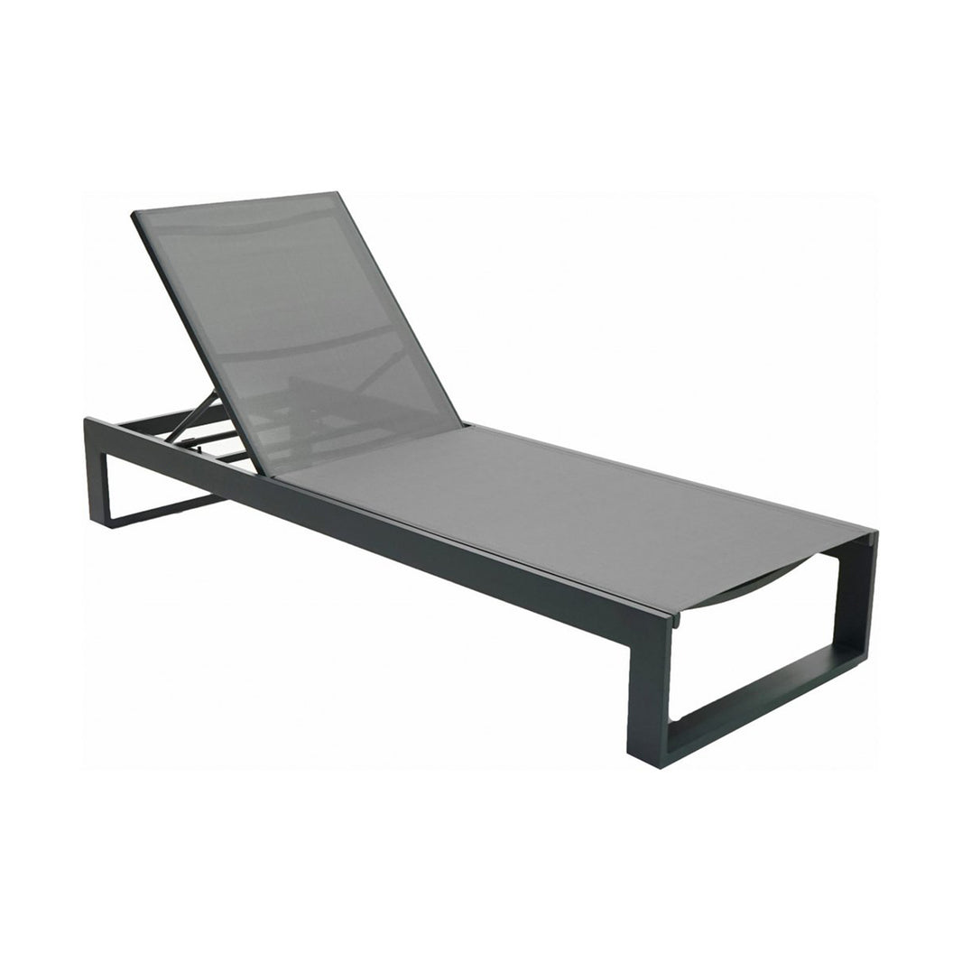 Gray sling fabric lounge chair with grey frame on a white background