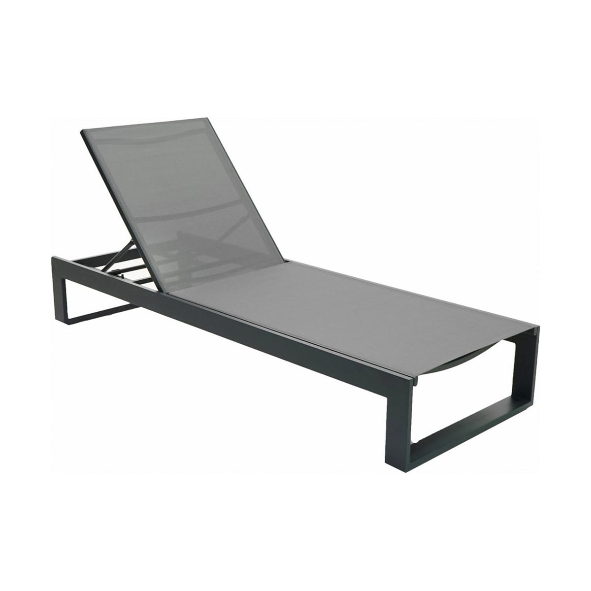Gray sling fabric lounge chair with grey frame on a white background