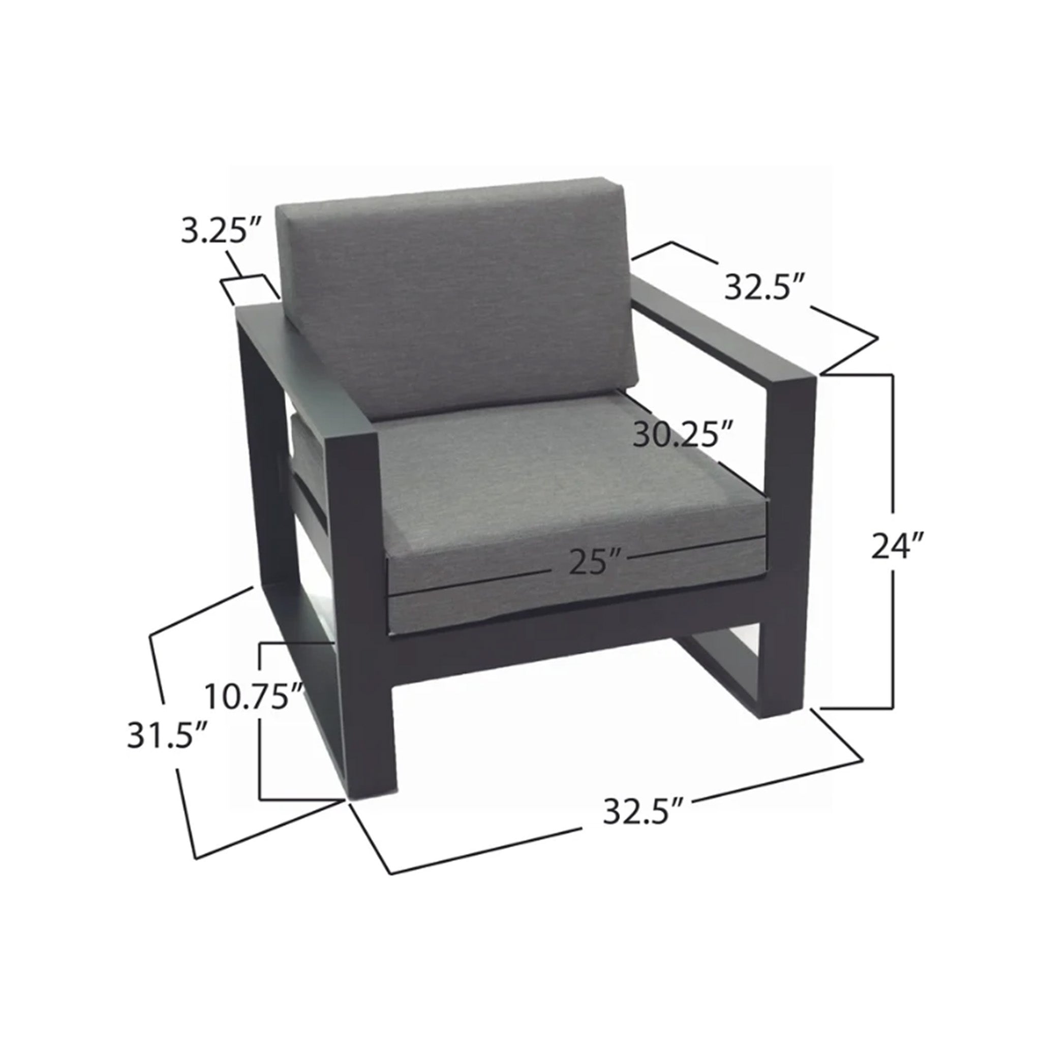 Gray armchair with dimensions labeled on a white background