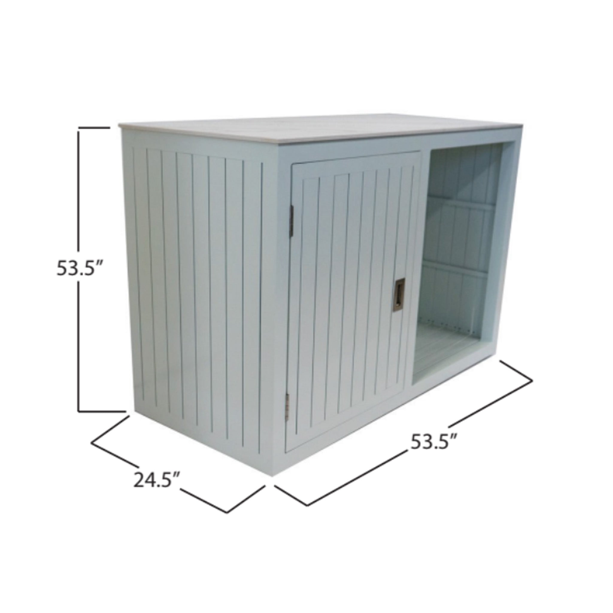 White storage cabinet with dimensions labeled on a white background