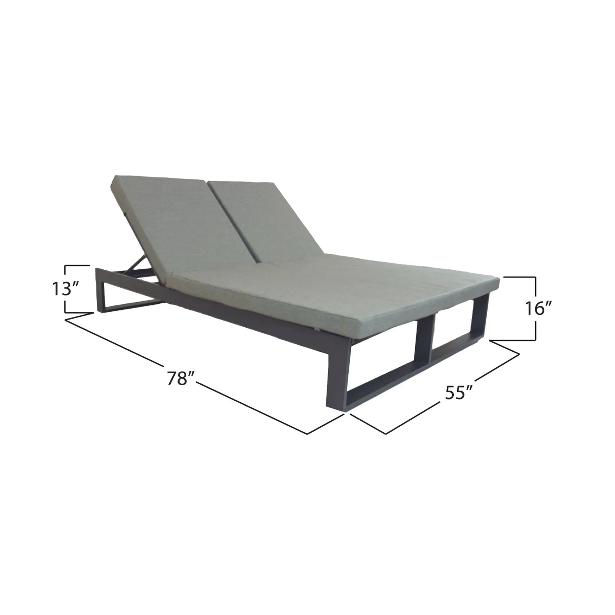 Gray lounge chair with dimensions labeled on a white background
