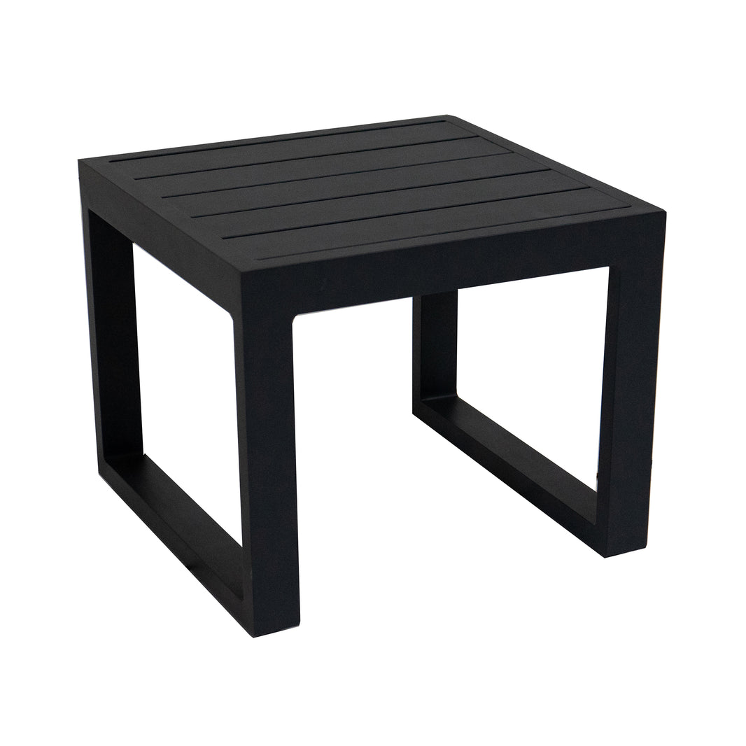 dark grey end table with slatted top on a white background. 