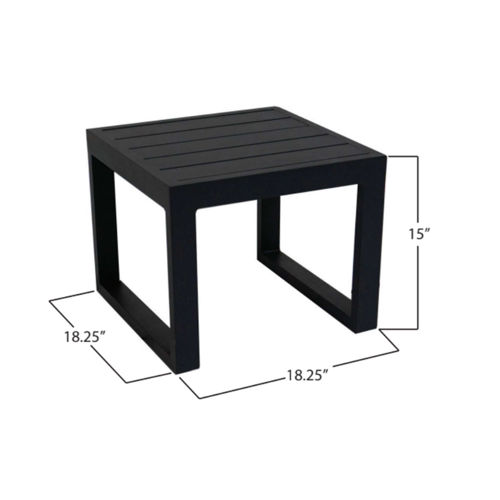 Grey square table with dimensions on a white background