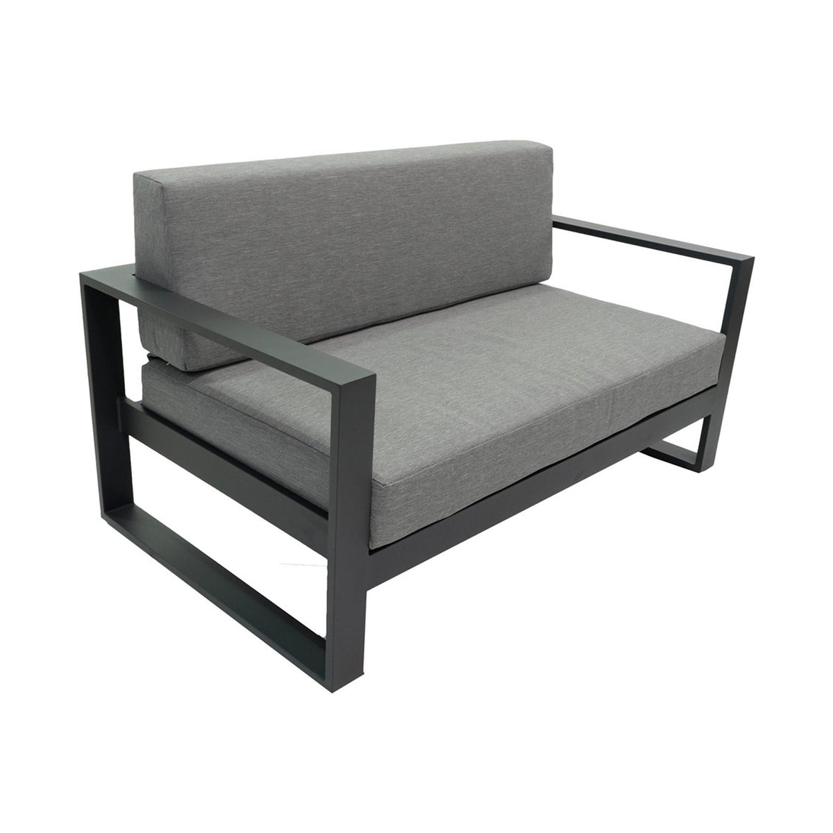 Gray cushioned outdoor loveseat with grey metal frame on a white background