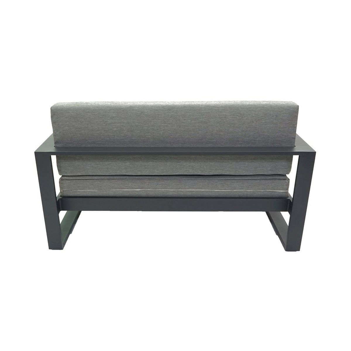 Gray cushioned loveseat with dark gray metal frame on a white background