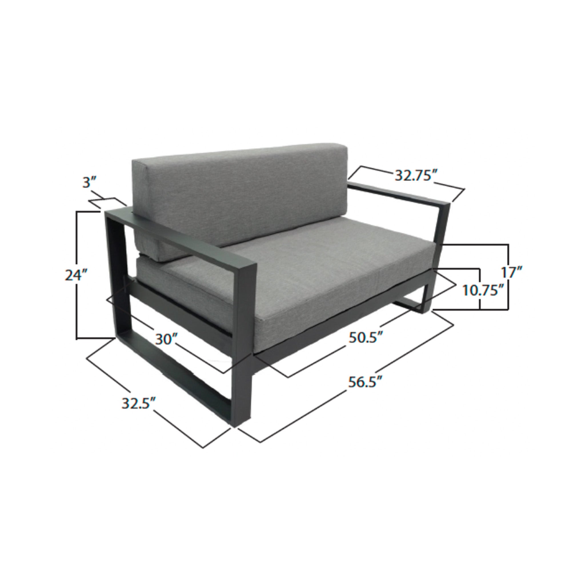Gray outdoor loveseat sofa with dimensions labeled on a white background