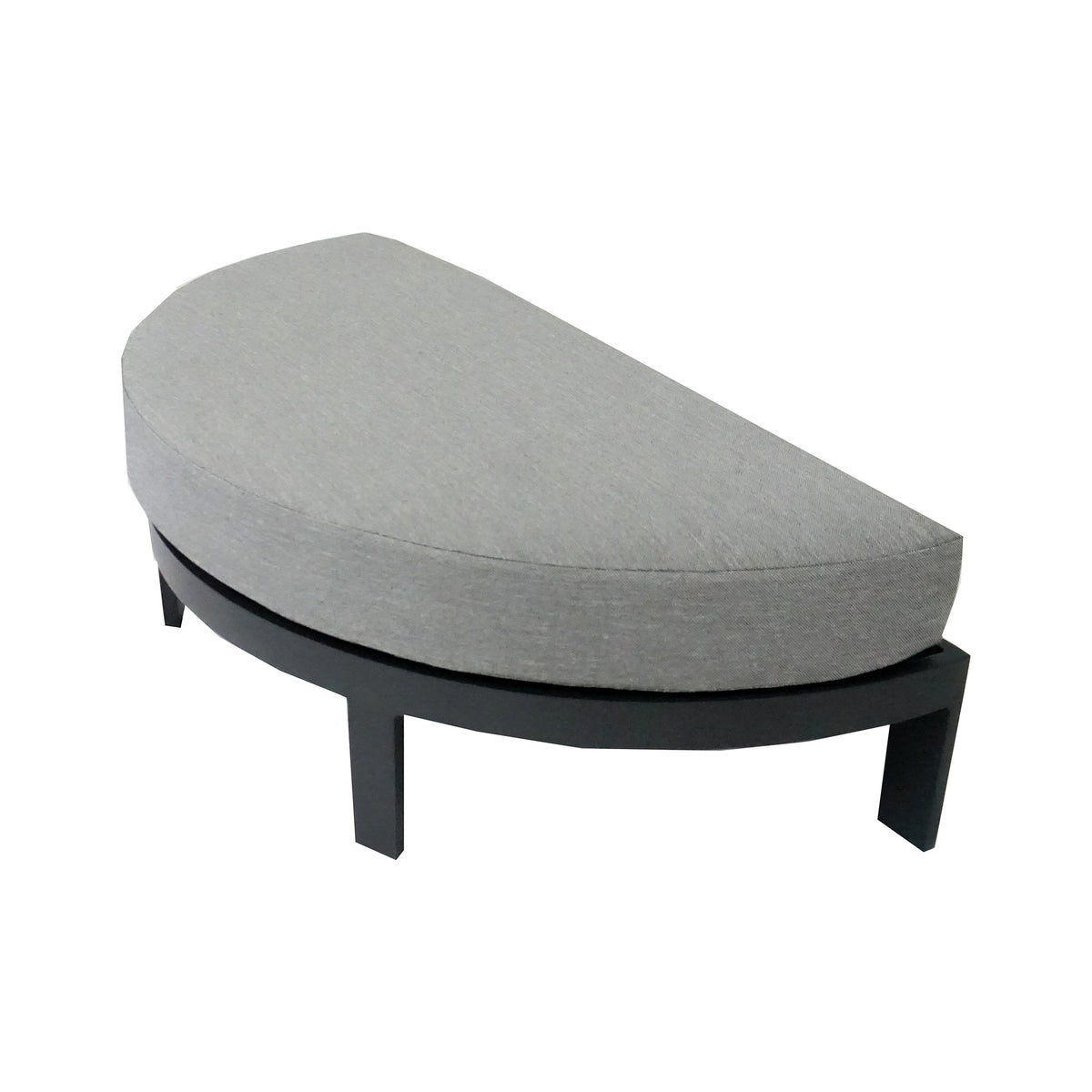 Gray cushioned ottoman with a grey base on a white background