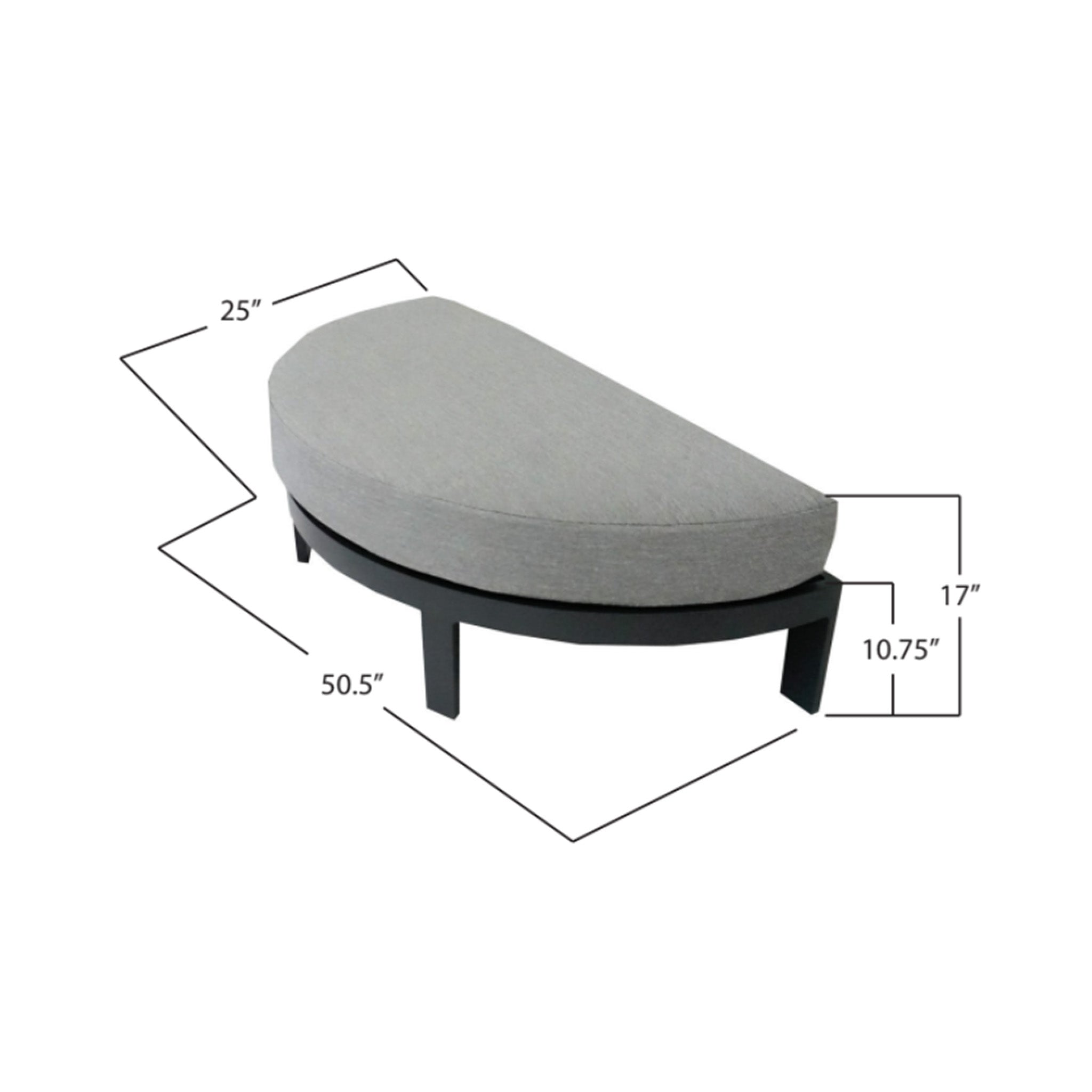 Gray ottoman with dimensions labeled on a white background
