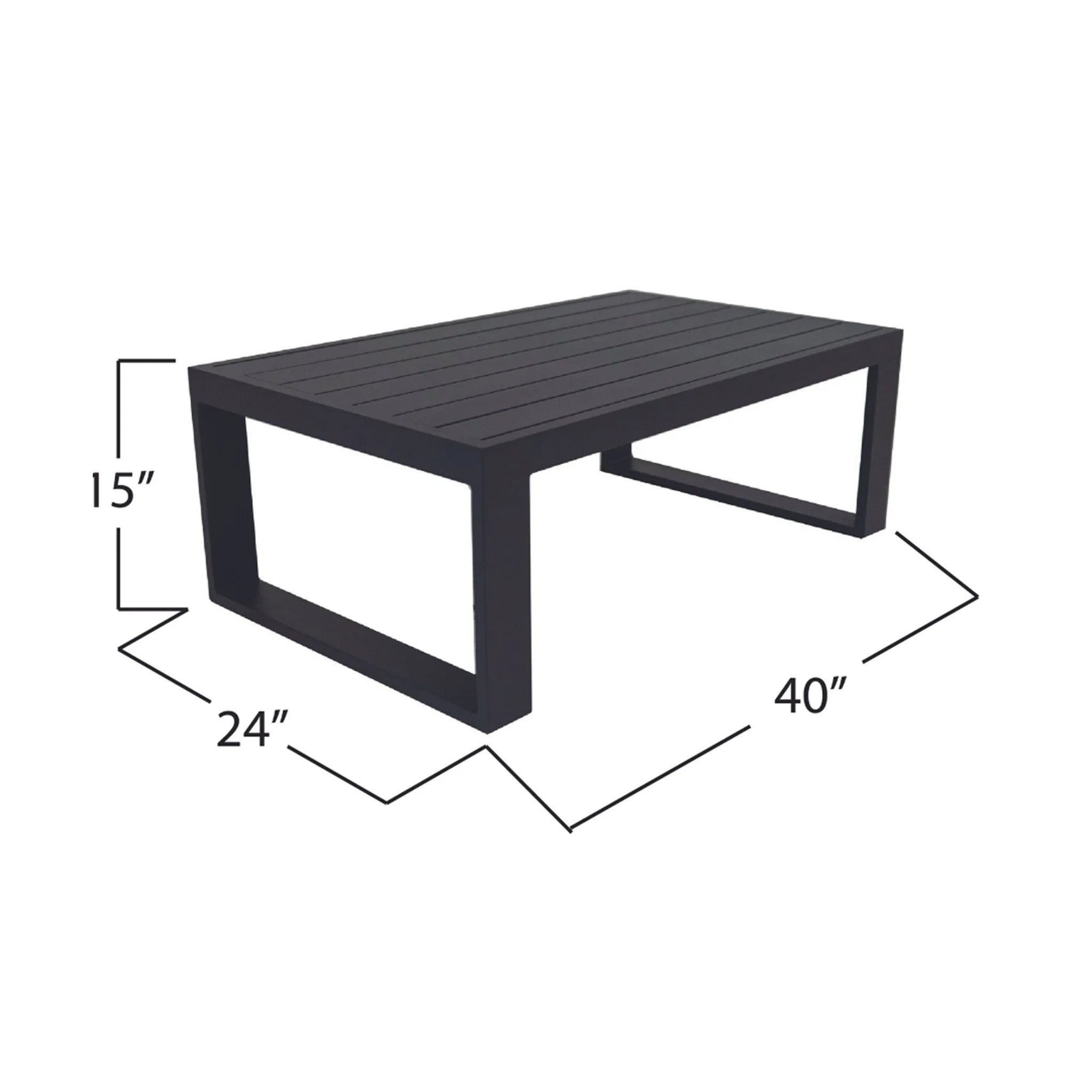 Rectangular table with dimensions labeled 40" by 24" by 15" on a white background