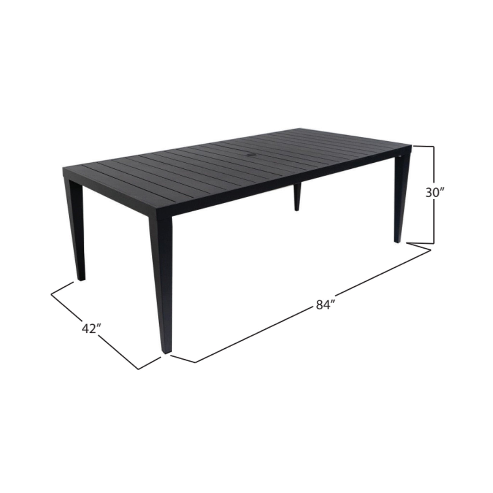 Grey outdoor table with dimensions on a white background