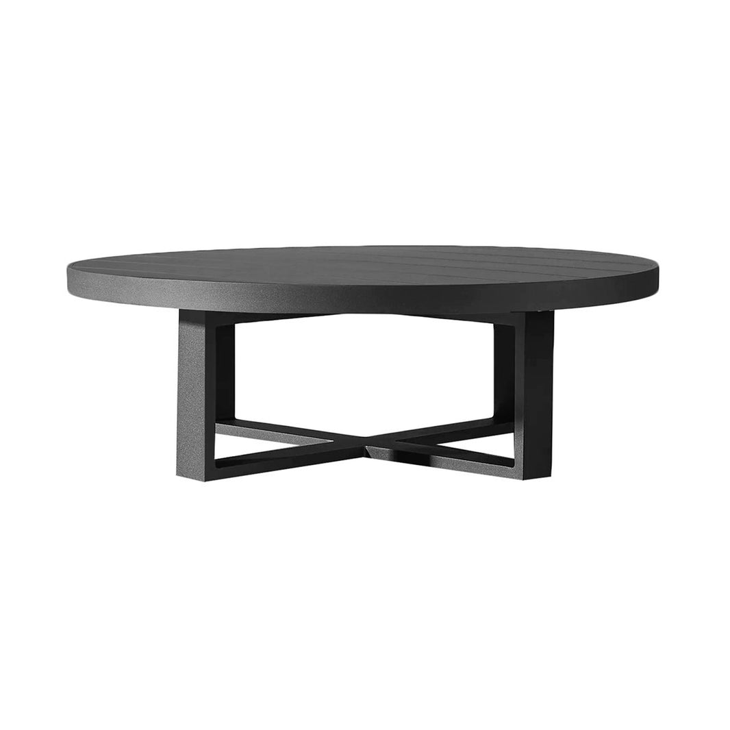Grey round coffee table with a modern design on a white background