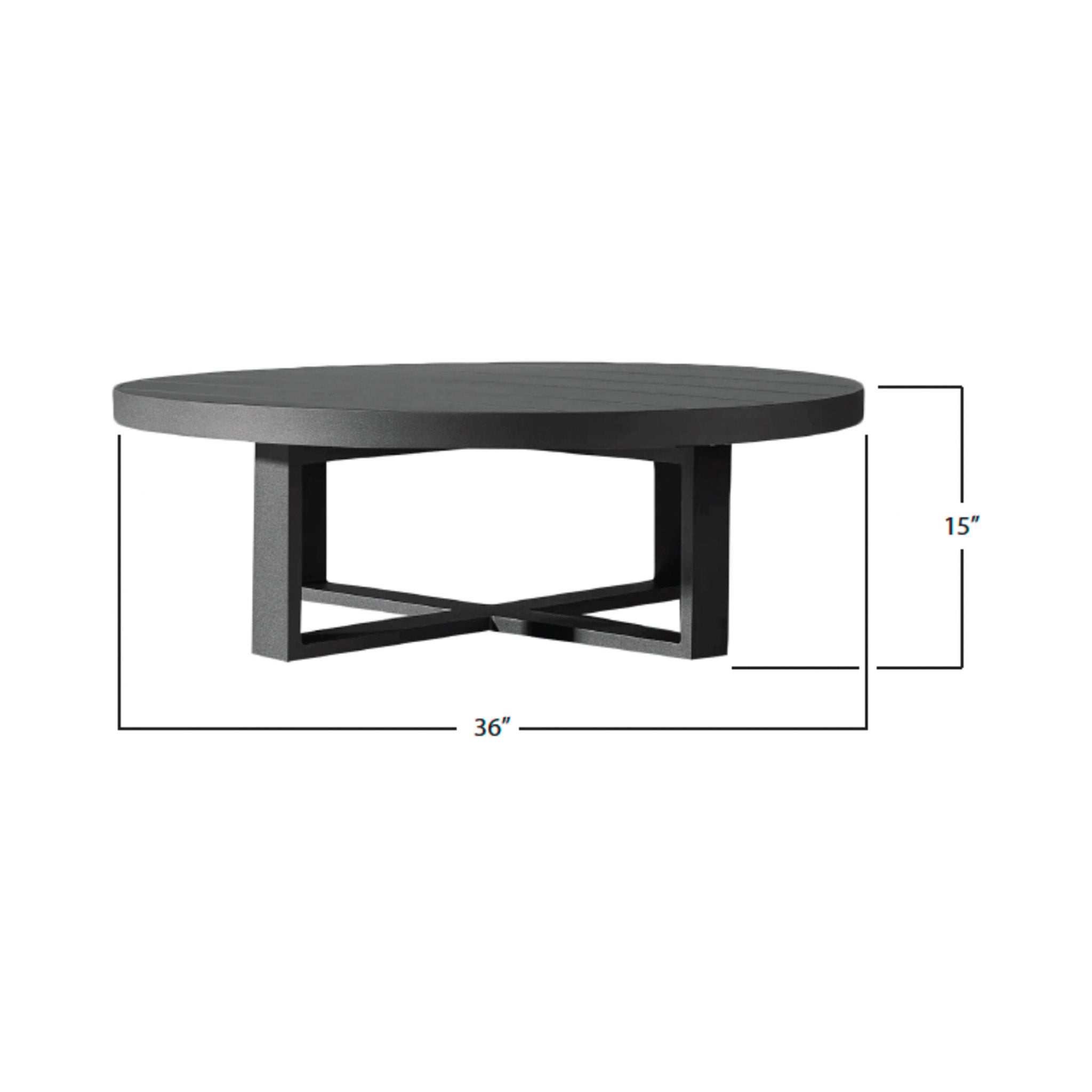 Grey round coffee table with dimensions labeled 36" diameter and 15" tall on a white background