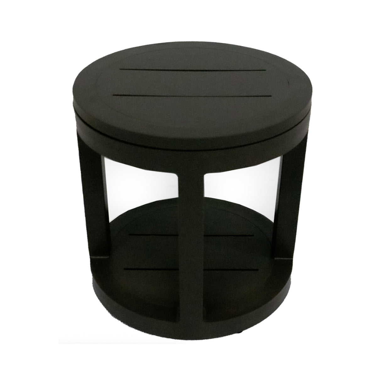 Grey round side table on a white background.