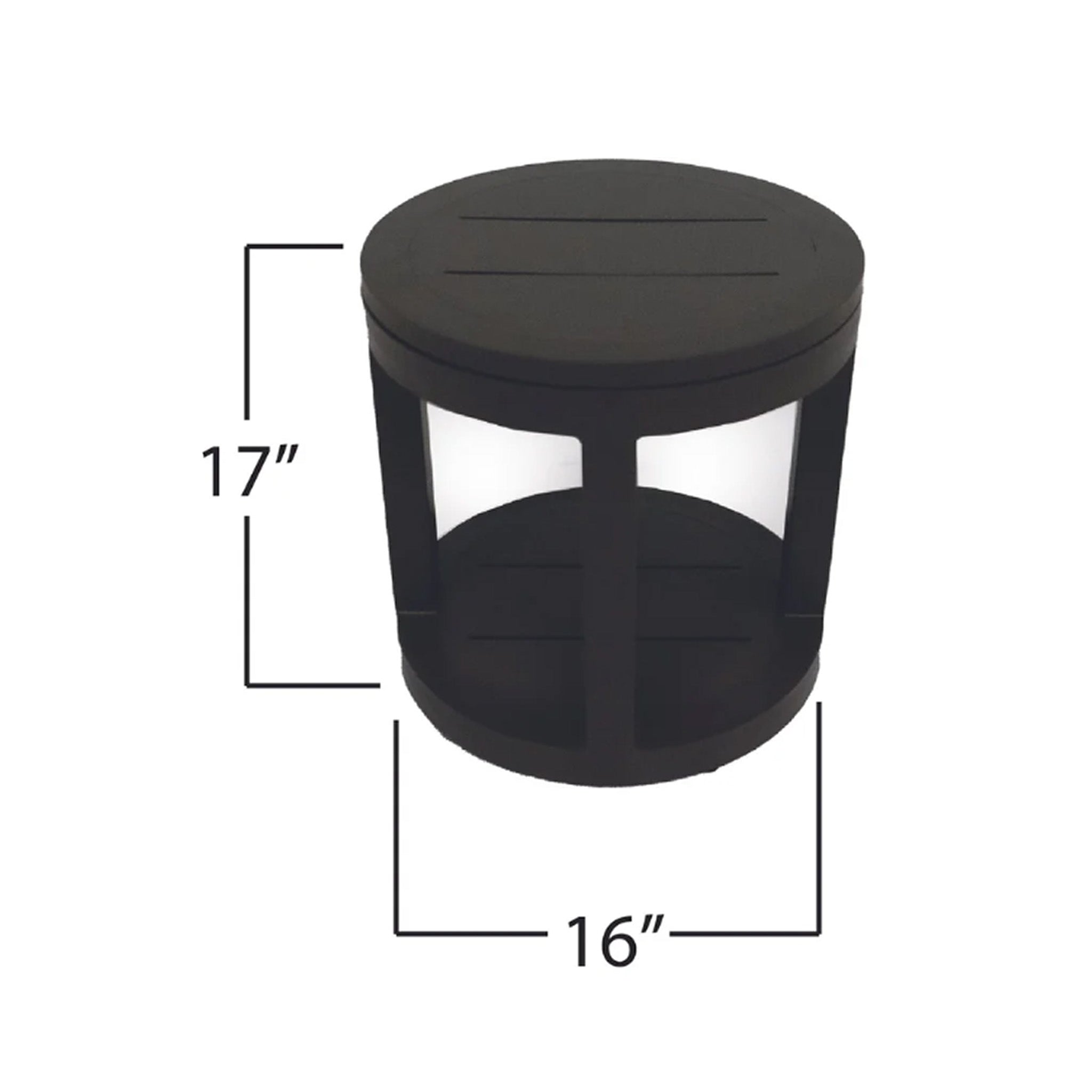 Grey round side table with dimensions labeled 16" by 17" tall on a white background