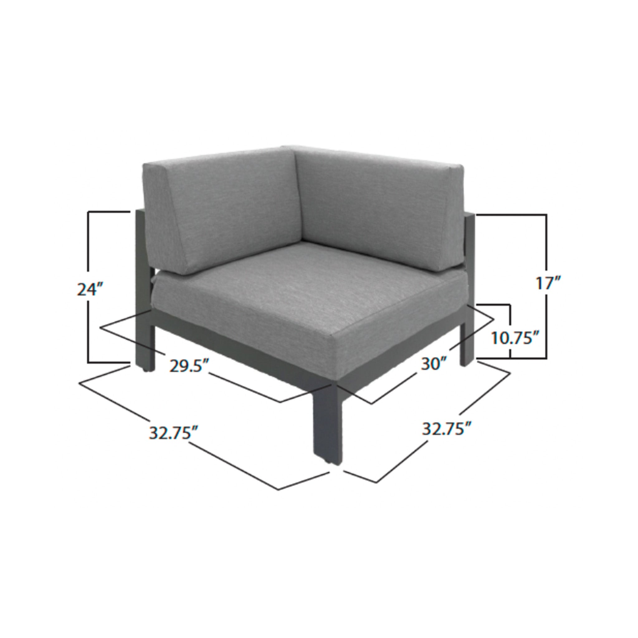 Gray corner sectional piece with dimensions labeled on a white background
