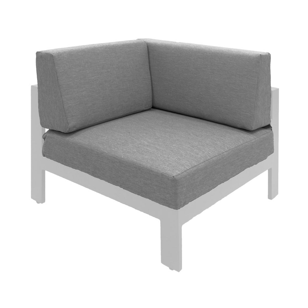 Corner sectional piece with a white frame and gray cushions on a white background