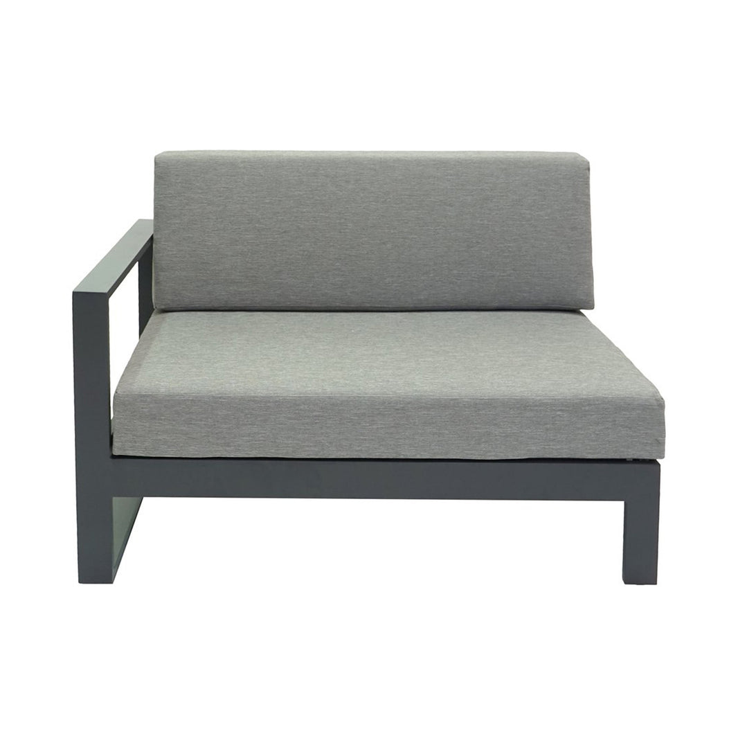 Gray outdoor sofa with grey frame with arm on the right side only on a white background