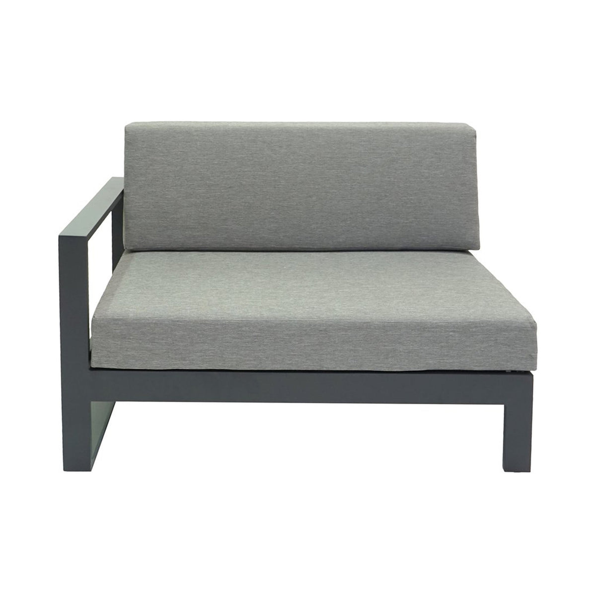Gray outdoor sofa with grey frame with arm on the right side only on a white background