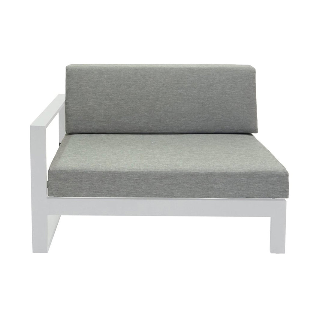 Gray cushioned outdoor sofa piece with white frame on a white background